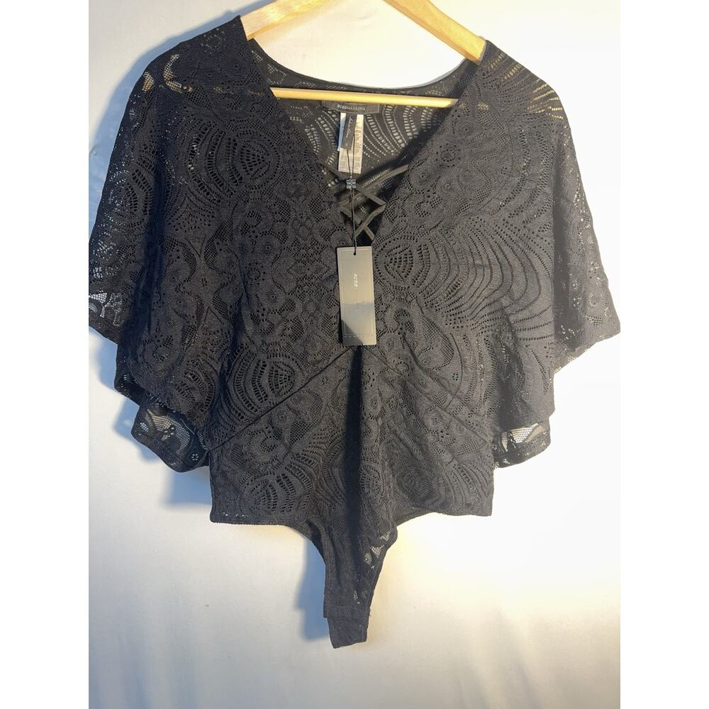 BCBG Max Azria Beata Black Lace Bodysuit NWT Short Sleeve V Neck Floral S